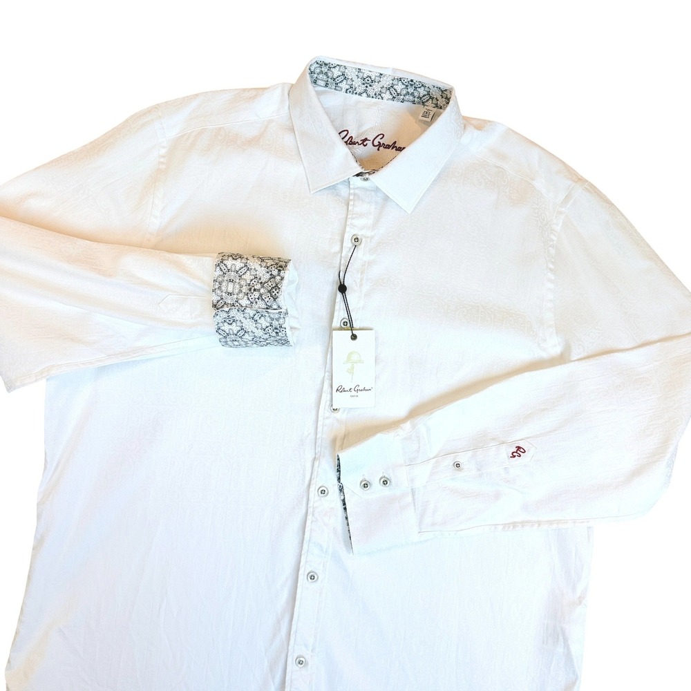 Robert Graham Windsor Button Down Mens 2XL White Paisley Jacquard Cotton $178